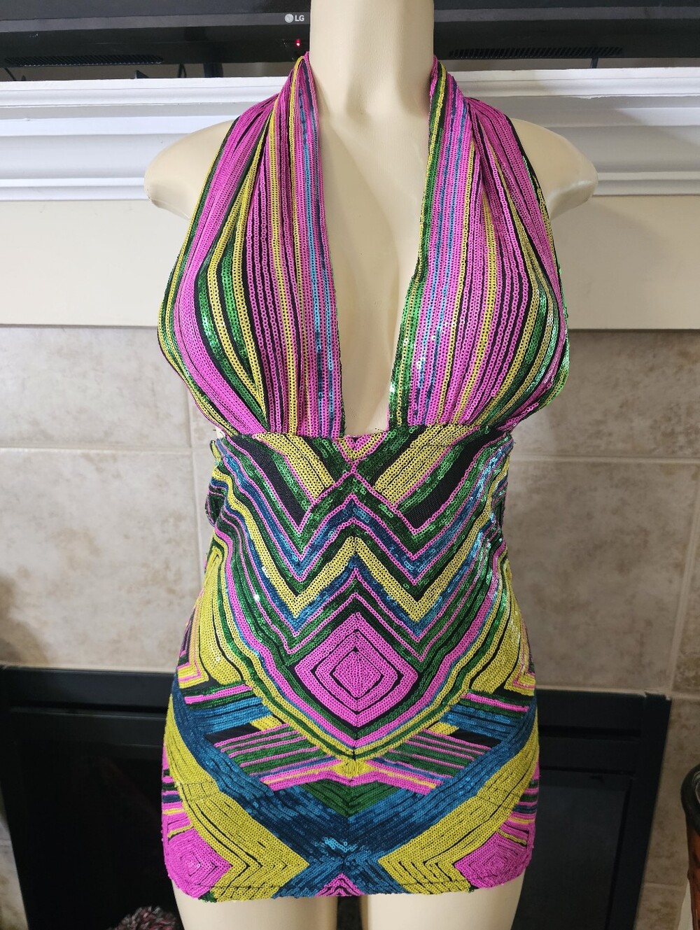 NWT. Fashion Nova All Types Sequin Mini Halter Dress. Size XS.